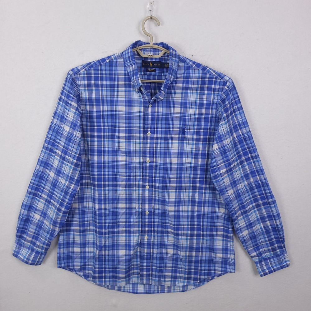 Ralph Lauren Button Down Shirt Mens XL Blue Plaid Cotton Stretch Long Sleeve